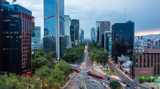 a city street with trees and buildings