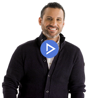 a person smiling with a blue play button