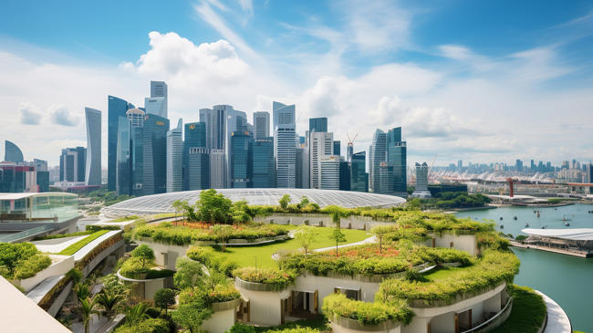 a green roof with plants on it and a city in the background